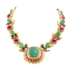 Vintage Emerald Sapphire Ruby Diamond Gold Necklace