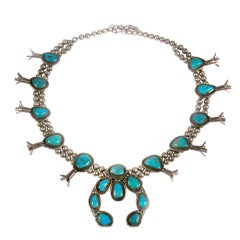 Vintage Navajo Turquoise Silver Squash Blossom Necklace