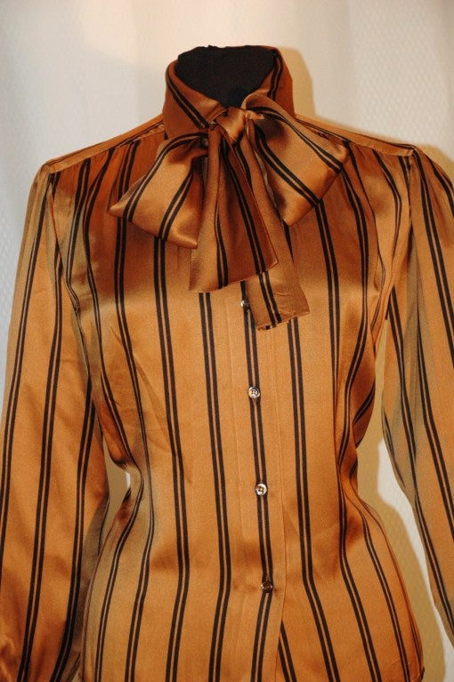 Orange Vintage Yves Saint Laurent Rive Gauche YSL Carmel & Black Stripes Blouse w Scarf