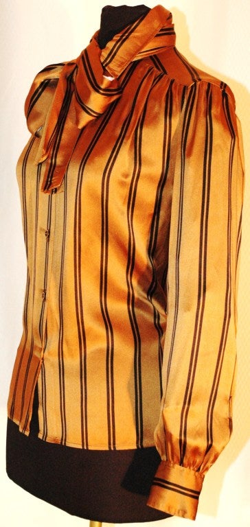 Vintage Yves Saint Laurent Rive Gauche YSL Carmel & Black Stripes Blouse w Scarf In Excellent Condition In Lake Park, FL