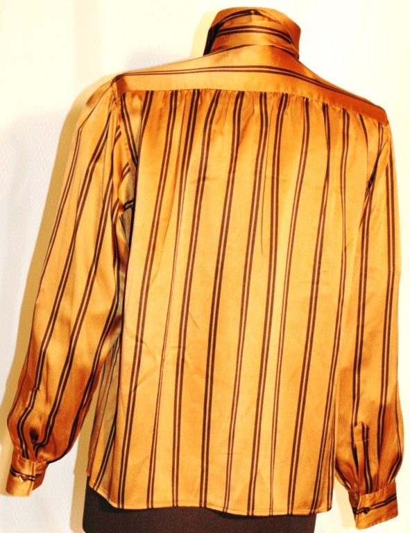 Vintage Yves Saint Laurent Rive Gauche YSL Carmel & Black Stripes Blouse w Scarf 1