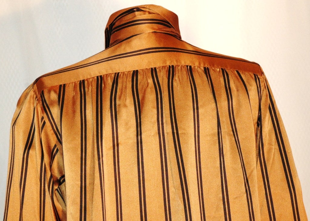 Vintage Yves Saint Laurent Rive Gauche YSL Carmel & Black Stripes Blouse w Scarf 2