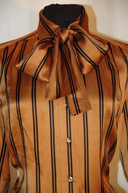 Vintage Yves Saint Laurent Rive Gauche YSL Carmel & Black Stripes Blouse w Scarf 3