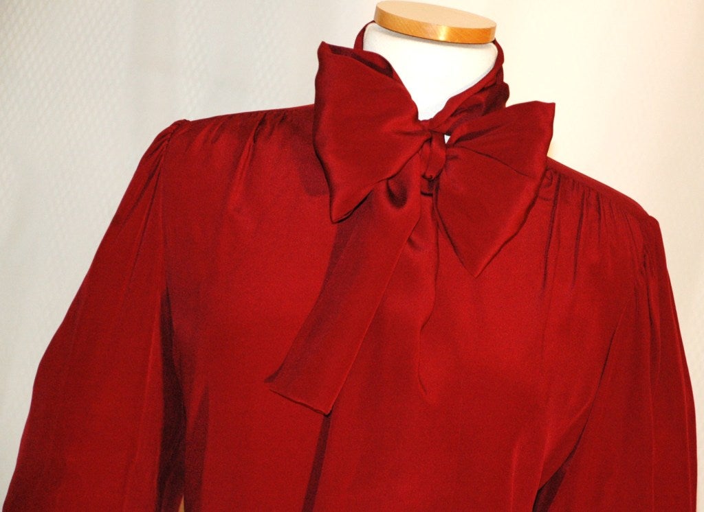 Red Vintage Yves Saint Laurent YSL Rive Gauche Bordeaux Silk Blouse w Scarf For Sale