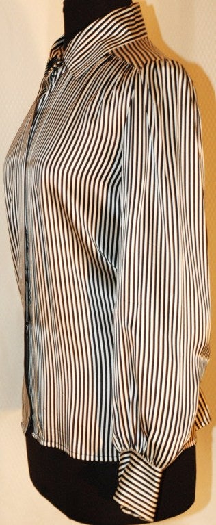 Beige Vintage 1984 Yves Saint Laurent YSL Rice Gauche Black White Stripes Silk Bouse For Sale