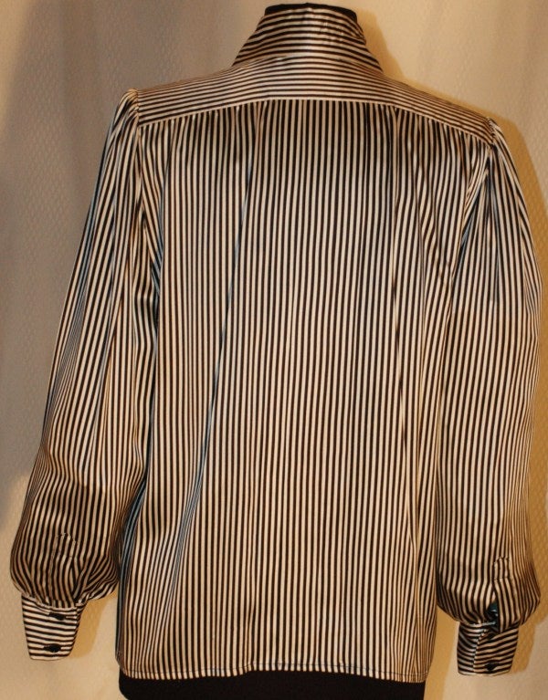 Vintage 1984 Yves Saint Laurent YSL Rice Gauche Black White Stripes Silk Bouse In Excellent Condition For Sale In Lake Park, FL