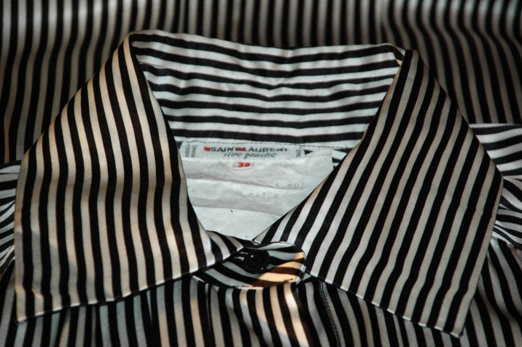 Women's Vintage 1984 Yves Saint Laurent YSL Rice Gauche Black White Stripes Silk Bouse For Sale
