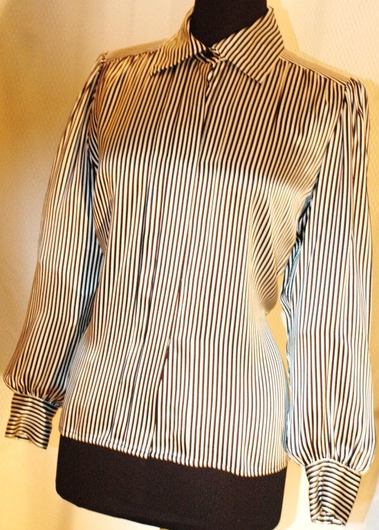 Vintage 1984 Yves Saint Laurent YSL Rice Gauche Black White Stripes Silk Bouse For Sale 1