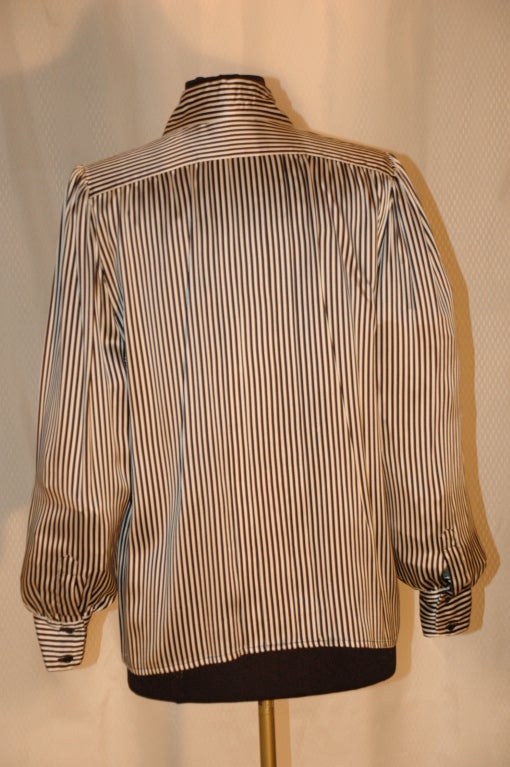 Vintage 1984 Yves Saint Laurent YSL Rice Gauche Black White Stripes Silk Bouse For Sale 2