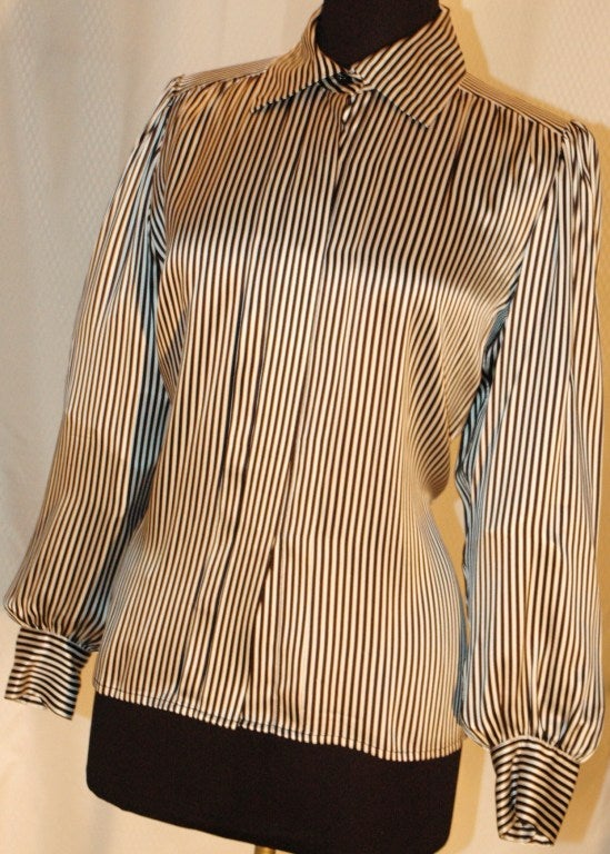 Vintage 1984 Yves Saint Laurent YSL Rice Gauche Black White Stripes Silk Bouse For Sale 3