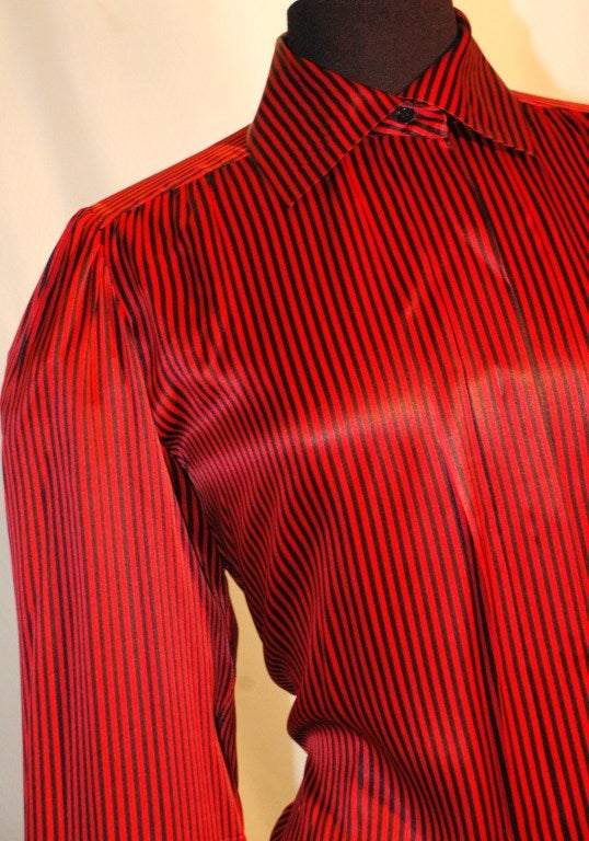 Vintage 1984 Yves Saint Laurent YSL Rive Gauche Red & Black Stripe Silk Blouse In Excellent Condition For Sale In Lake Park, FL