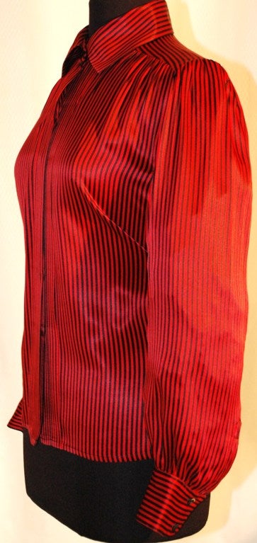 Women's Vintage 1984 Yves Saint Laurent YSL Rive Gauche Red & Black Stripe Silk Blouse For Sale