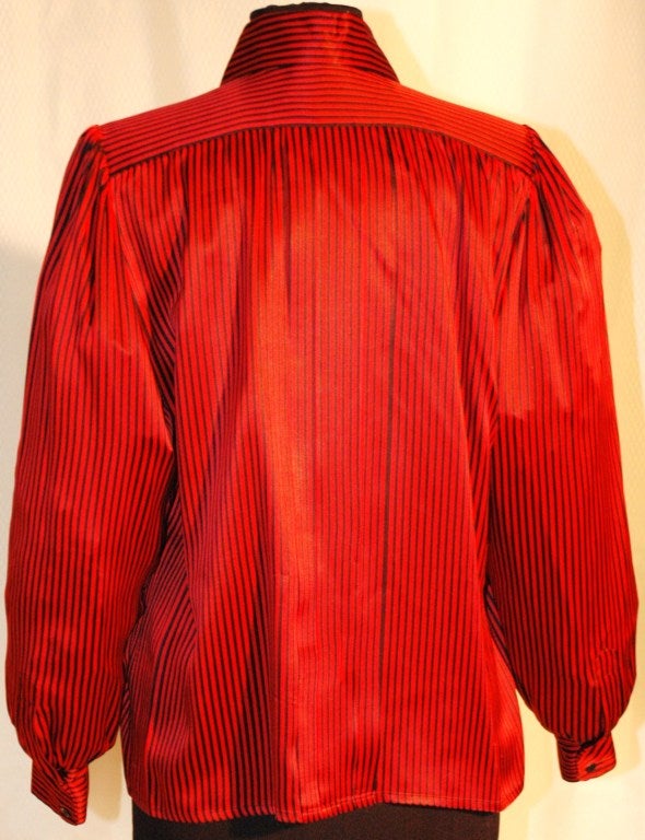 Vintage 1984 Yves Saint Laurent YSL Rive Gauche Red & Black Stripe Silk Blouse For Sale 1