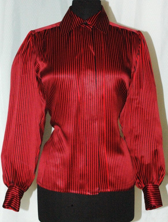Vintage 1984 Yves Saint Laurent YSL Rive Gauche Red & Black Stripe Silk Blouse For Sale 3