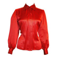 Vintage 1984 Yves Saint Laurent YSL Rive Gauche Red & Black Stripe Silk Blouse