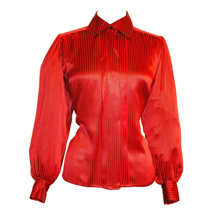 Vintage 1984 Yves Saint Laurent YSL Rive Gauche Red & Black Stripe Silk Blouse For Sale