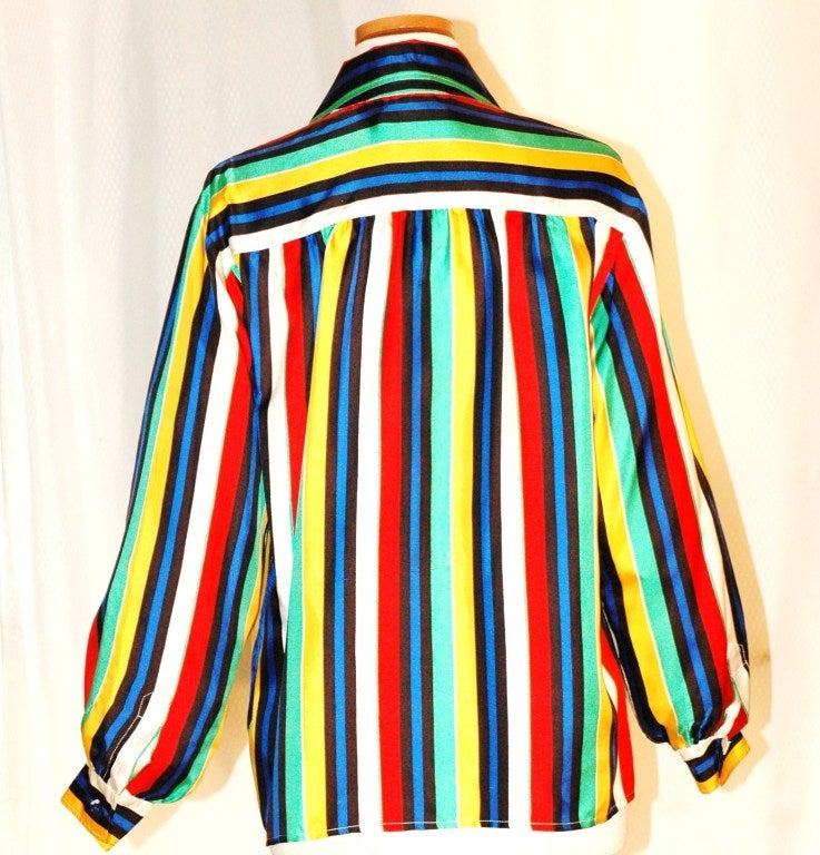 Women's Vintage Yves Saint Laurent 1985 YSL Rive Gauche Vibrant Stripes Silk Blouse For Sale