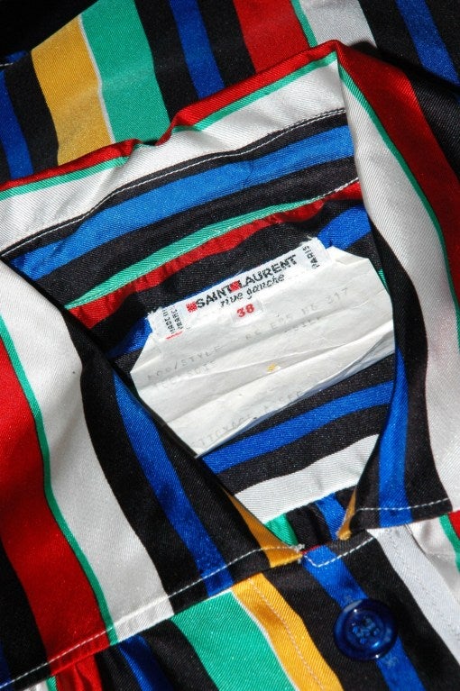 Vintage Yves Saint Laurent 1985 YSL Rive Gauche Vibrant Stripes Silk Blouse For Sale 1