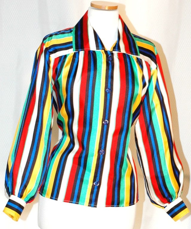 Vintage Yves Saint Laurent 1985 YSL Rive Gauche Vibrant Stripes Silk Blouse For Sale 2