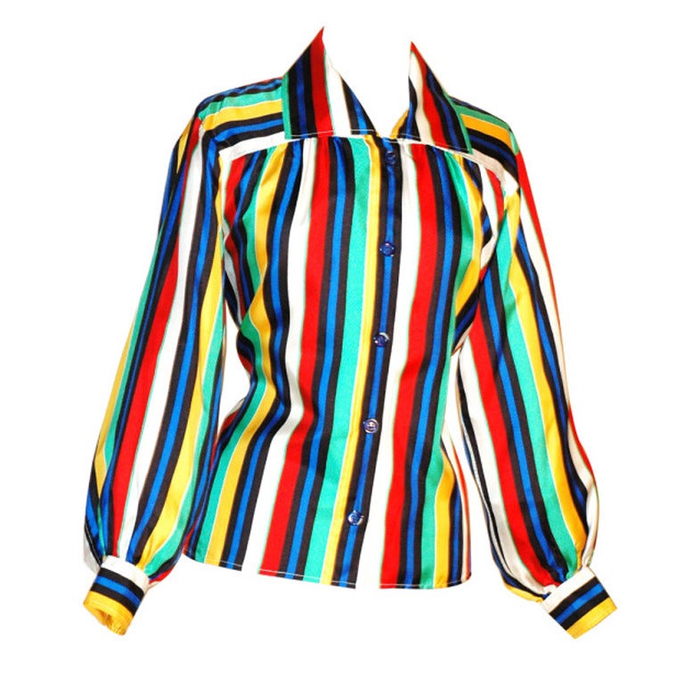 Vintage Yves Saint Laurent 1985 YSL Rive Gauche Vibrant Stripes Silk Blouse For Sale