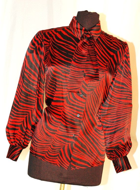 Vintage Yves Saint Laurent Rive Gauche Red & Black Zebra Print 100% Silk Blouse In Excellent Condition For Sale In Lake Park, FL