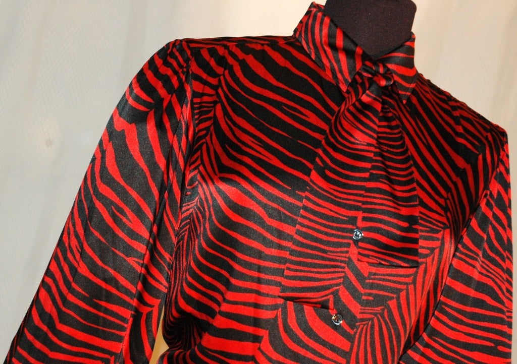 Women's Vintage Yves Saint Laurent Rive Gauche Red & Black Zebra Print 100% Silk Blouse For Sale