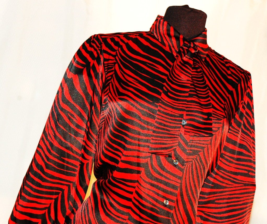 Vintage Yves Saint Laurent Rive Gauche Red & Black Zebra Print 100% Silk Blouse For Sale 1