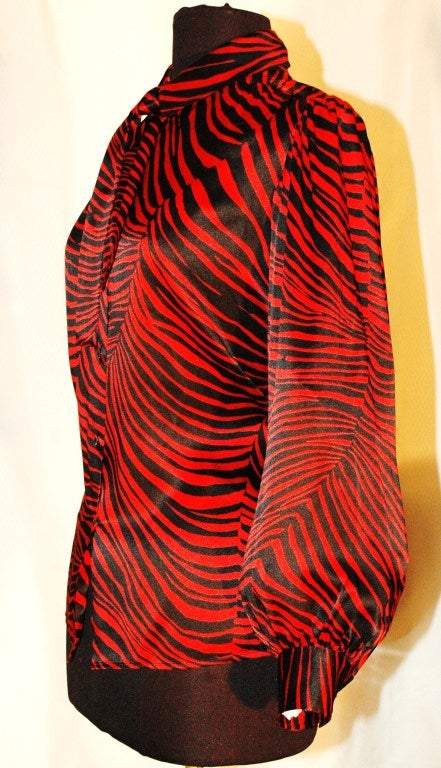 Vintage Yves Saint Laurent Rive Gauche Red & Black Zebra Print 100% Silk Blouse For Sale 2