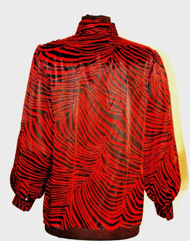 Vintage Yves Saint Laurent Rive Gauche Red & Black Zebra Print 100% Silk Blouse For Sale 3