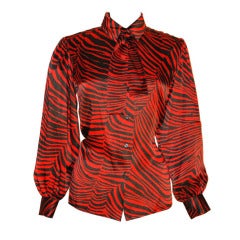 Vintage Yves Saint Laurent Rive Gauche Red & Black Zebra Print 100% Silk Blouse