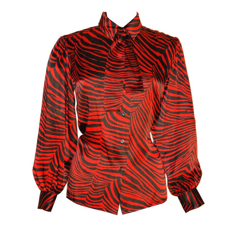 Vintage Yves Saint Laurent Rive Gauche Red & Black Zebra Print 100% Silk Blouse For Sale