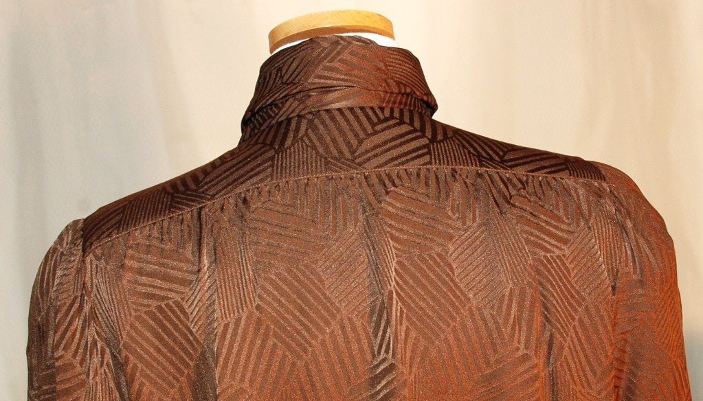 Women's Vintage Yves Saint Laurent Rive Gauche Chocolate abstract pattern design print 100% Silk Blouse w Scarf For Sale