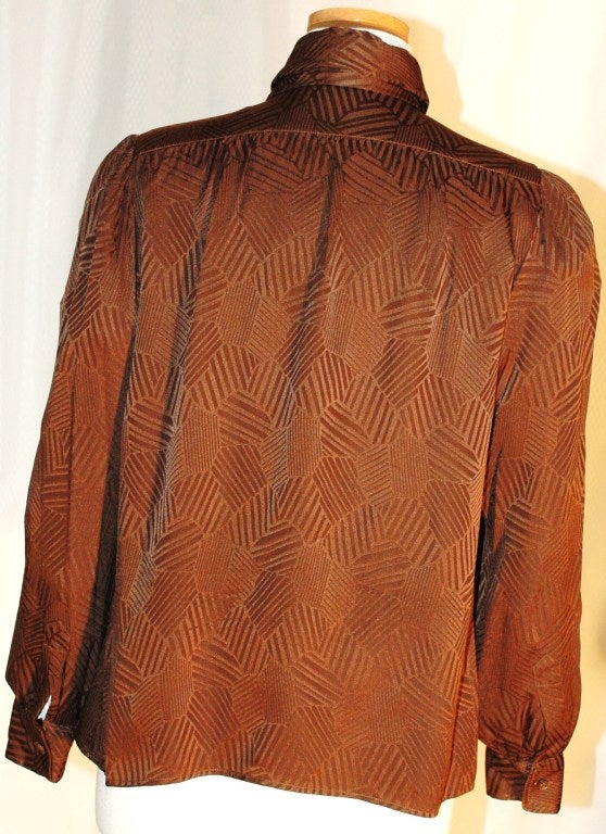 Vintage Yves Saint Laurent Rive Gauche Chocolate abstract pattern design print 100% Silk Blouse w Scarf For Sale 3