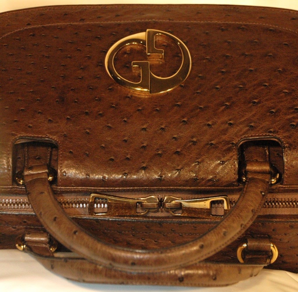 2012 Gucci 1973 Brown Ostrich Top Handle Handbag For Sale 5