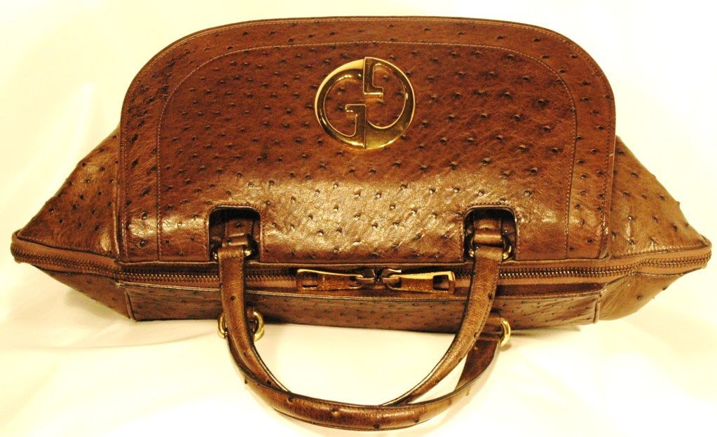 2012 Gucci 1973 Brown Ostrich Top Handle Handbag For Sale 1