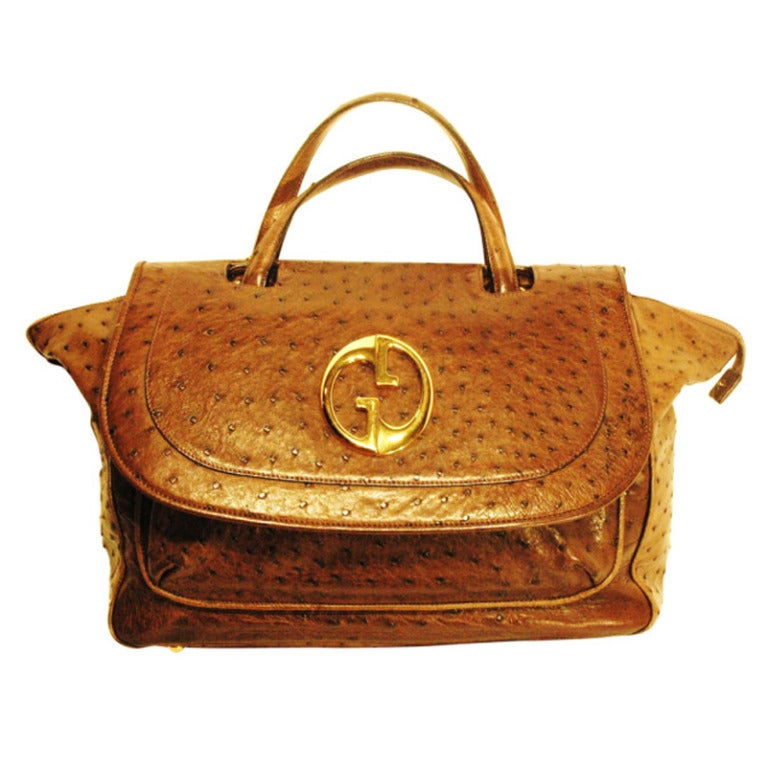 2012 Gucci 1973 Brown Ostrich Top Handle Handbag For Sale