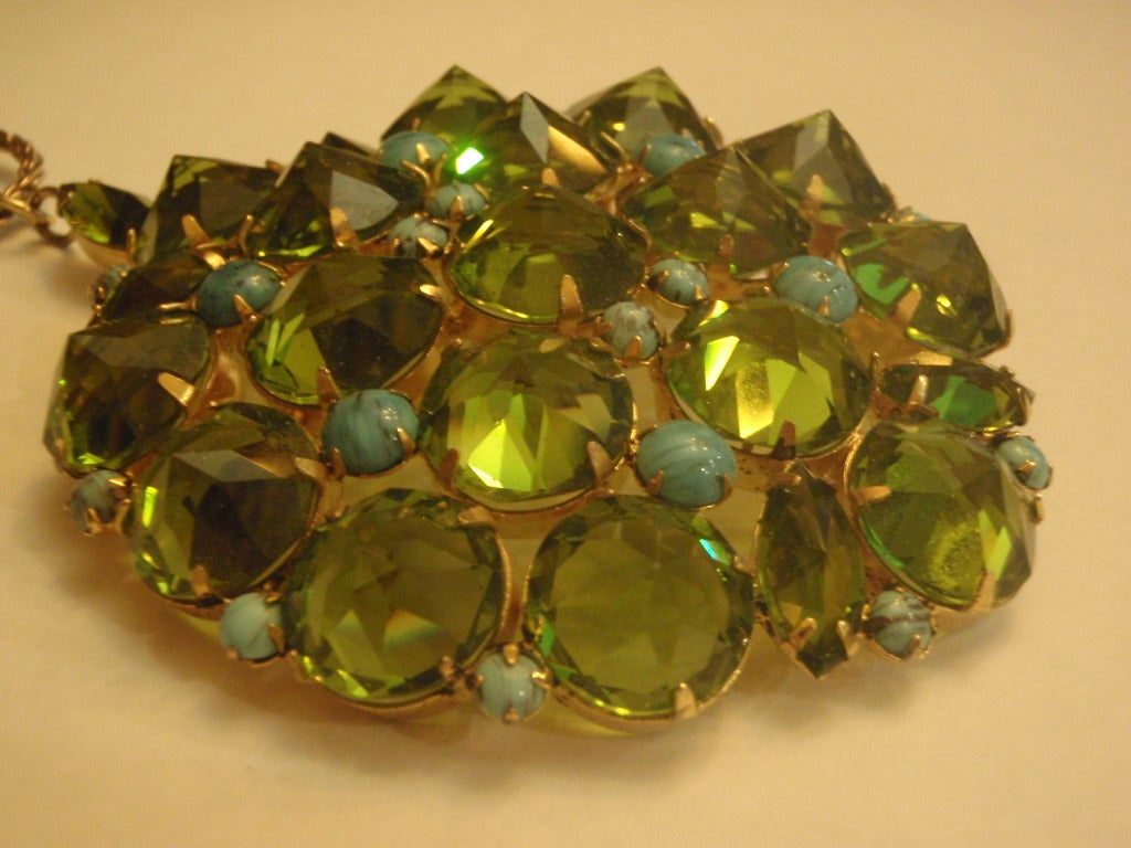 Schreiner New York Signed Huge Green Rhinestone & Turquoise Pendant In Good Condition For Sale In Lake Park, FL