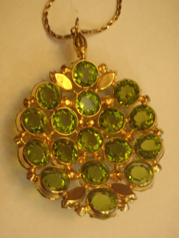 Schreiner New York Signed Huge Green Rhinestone & Turquoise Pendant For Sale 2