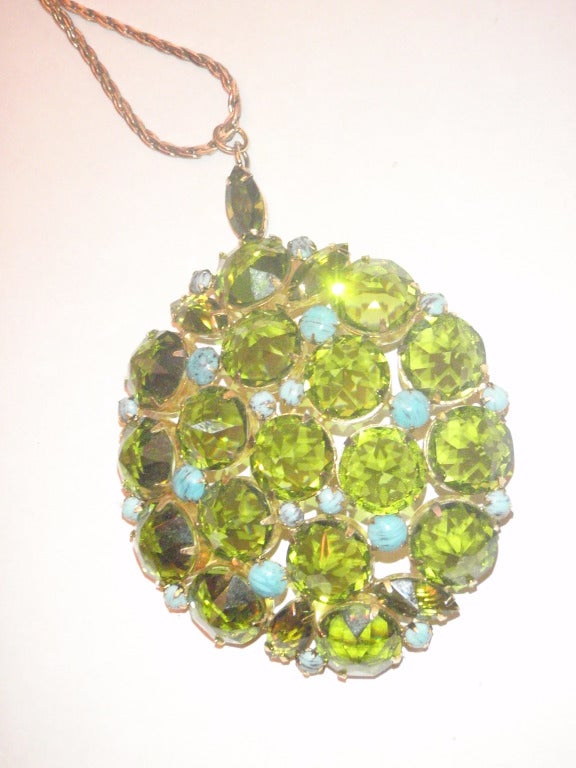 Schreiner New York Signed Huge Green Rhinestone & Turquoise Pendant For Sale 5