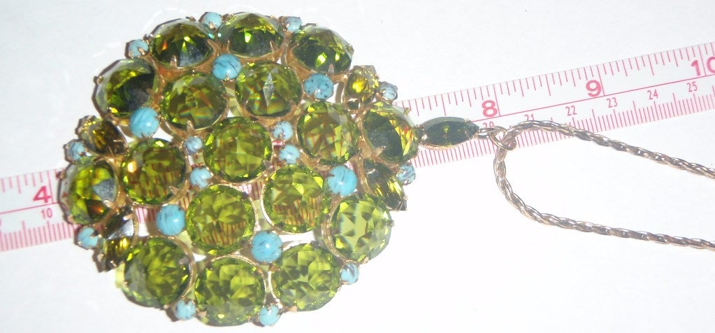 Schreiner New York Signed Huge Green Rhinestone & Turquoise Pendant For Sale 6