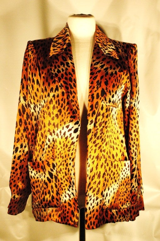 Orange Vintage Yves Saint Laurent Silk Leopard Animal Print Jacket Top Rare For Sale