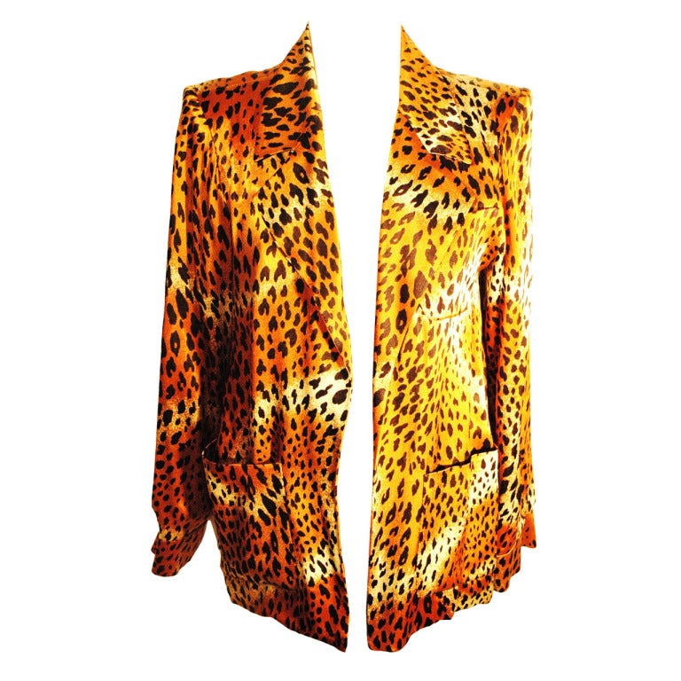 Vintage Yves Saint Laurent Silk Leopard Animal Print Jacket Top Rare For Sale