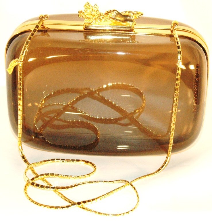 Brown Vintage Judith Leiber Lucite Handbag with Gold Hardware & Chain For Sale