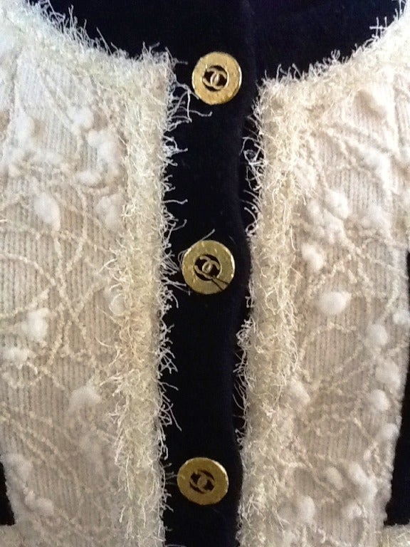 Chanel Ivory Thick Wool Boucle Black Trim Jacket Mega Buttons 1