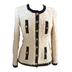 Chanel Ivory Thick Wool Boucle Black Trim Jacket Mega Buttons