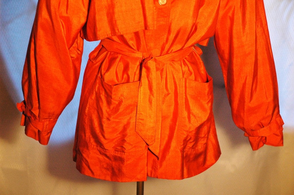 Orange 1990s Isaac Mizrahi 100% Silk Tangerine Trench Thin Rain Coat w Hood For Sale