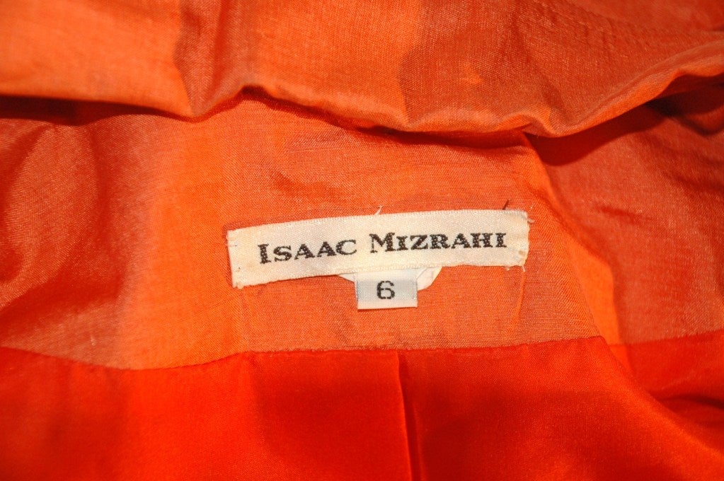 1990s Isaac Mizrahi 100% Silk Tangerine Trench Thin Rain Coat w Hood For Sale 3