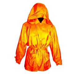 1990s Isaac Mizrahi 100% Silk Tangerine Trench Thin Rain Coat w Hood