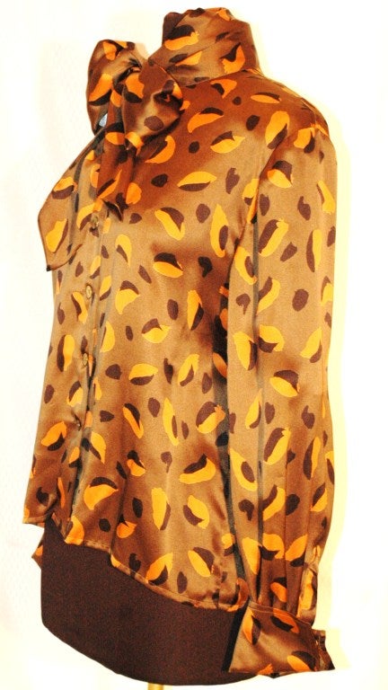 Women's Vintage Celine Olive Brown 100% Silk Blouse with Scarf Bow For Sale