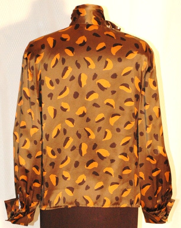 Vintage Celine Olive Brown 100% Silk Blouse with Scarf Bow For Sale 1